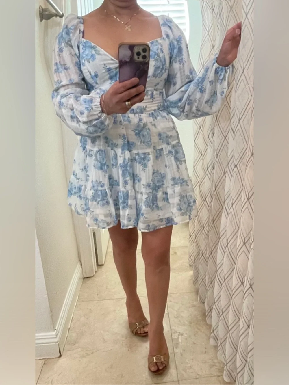 NWOT Altar'd State White Mini Dress with Blue Floral Print - Picture 2 of 10